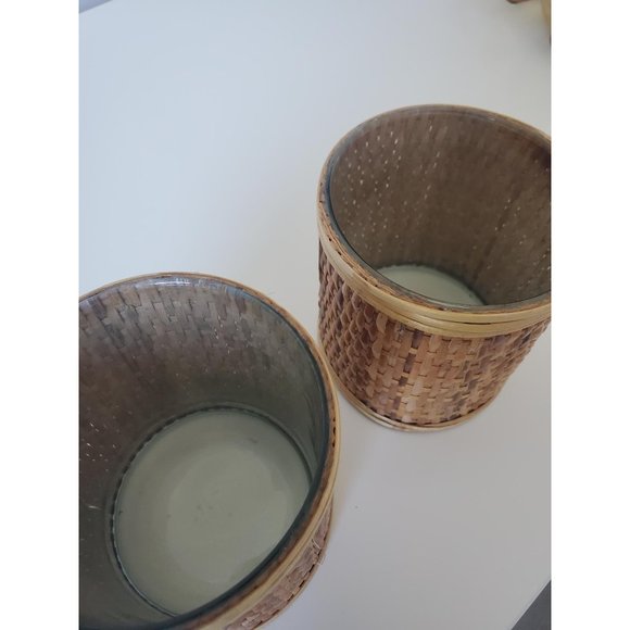 Glass Covered in Bamboo Rattan Pencil / Utensil Holder, Wicker Desk Decor - Picture 3 of 3